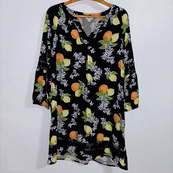 Crown & Ivy XL Black Citrus Lemons Oranges Boho Dress Pom Trim Crochet Rayon - Picture 15 of 15
